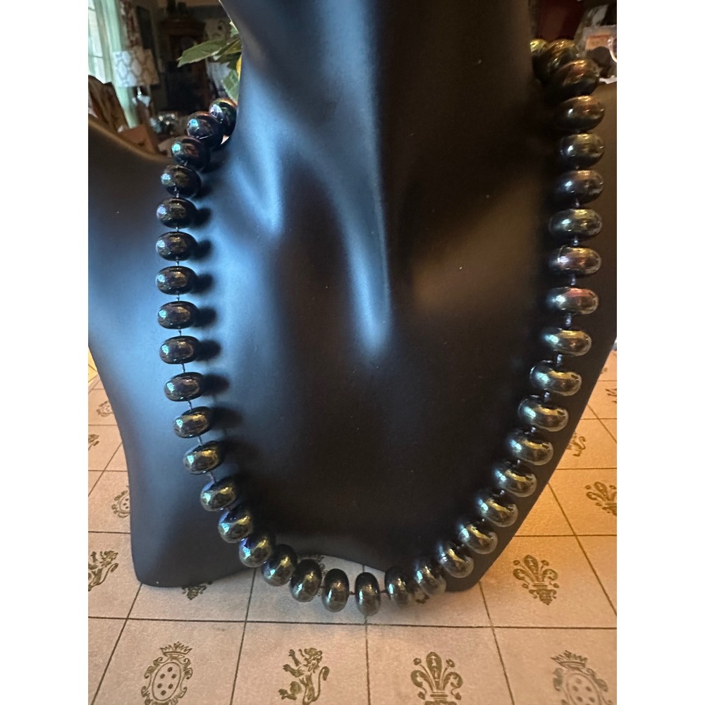 Iridescent Dark Grey Knotted Bead Necklace Peacock Luster Strand